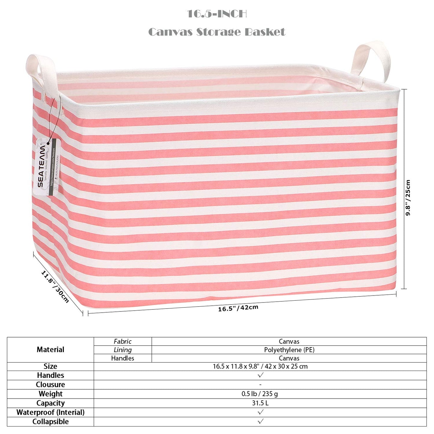 Sea Team Collapsible Canvas Fabric Storage Basket with Handles, Rectangle Waterproof Storage Bin, Box, Cube, Foldable Shelf Basket, Closet Organizer, 16.5 x 11.8 x 9.8 Inches, Pink Stripe