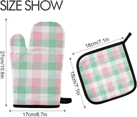 Light Pink Green Checkered Oven Mitts and Pot Holders Set for Cooking Baking Kitchen Decor