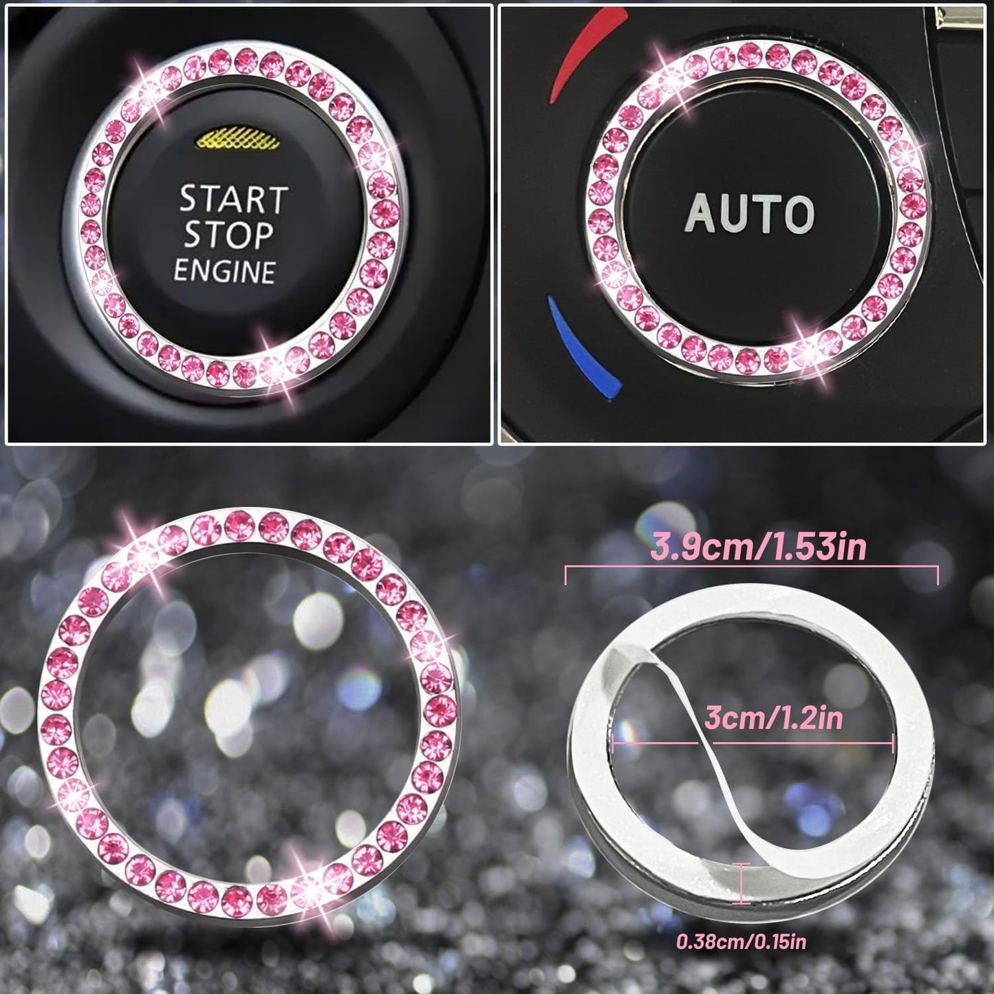 NBTEPEM 8 pcs Pink Bling Car Accessories Set for Women, Steering Wheel Cover, Sparkly Seat Belt Covers, Bling Gear Shift Cover, Universal Fit Most Cars (All Pink Diamond)