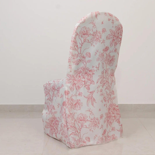 Balsa Circle 10 White and Pink Floral French Toile Polyester Banquet Chair Covers Wedding Linens Party Dining Reception Decorations Supplies