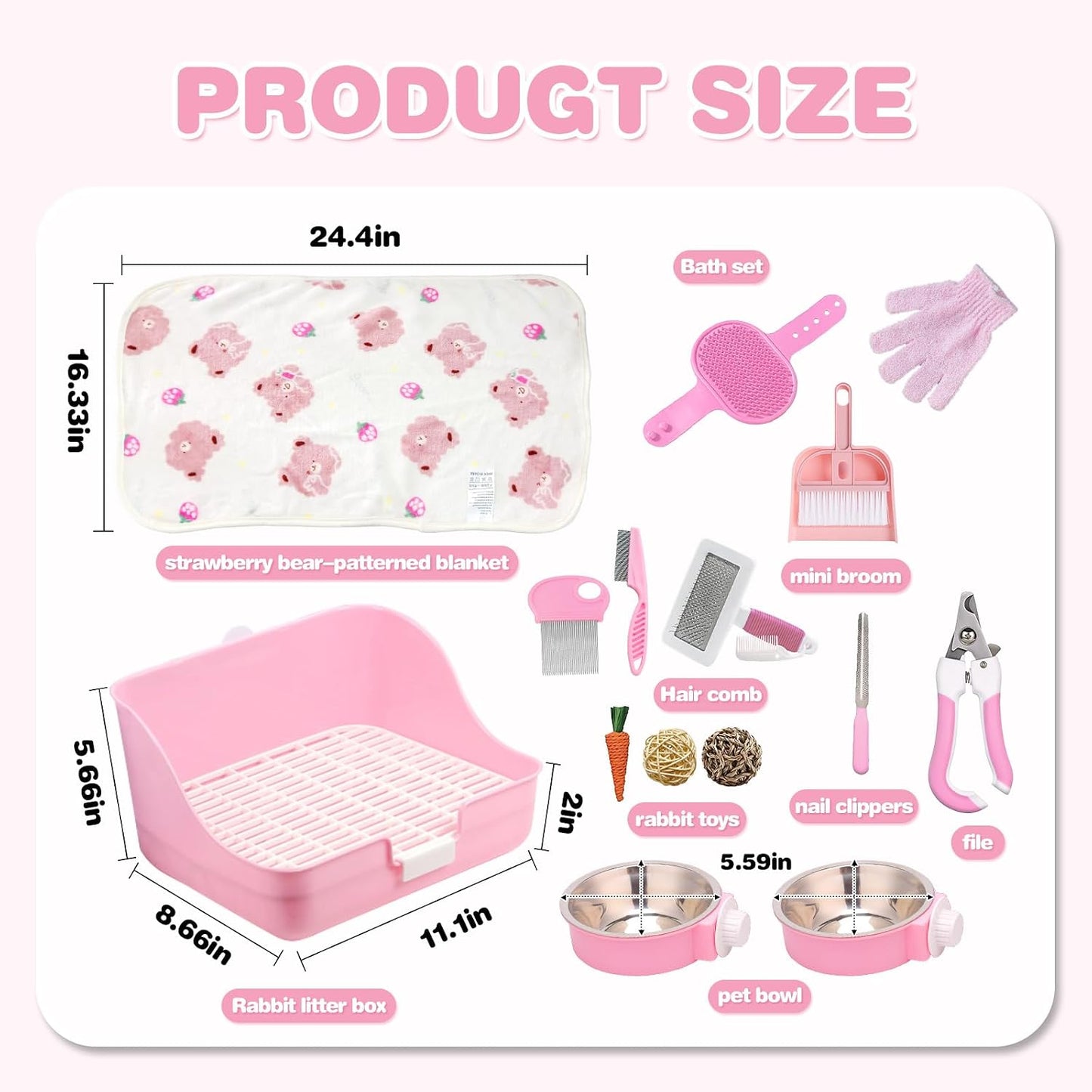 16 Pcs Bunny Grooming Kit,Rabbit Litter Box, Bunny Toys,Blankets with Cleaning Supplies,Pet Toilet Potty with Detachable Hanging Pet Cage Bowl Suitable for Rabbit,Guinea Pig(Pink) (Pink (16PCS))
