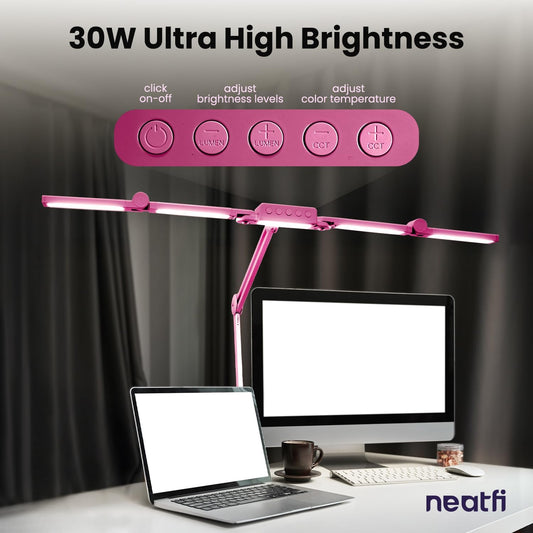 Neatfi 3,000 Lumens LED Desk Lamp, Dimmable, 360 SMD LEDs, 30W, CRI 95, Adjustable Light Modes, Task Lamp for Home Office, Study, Workstation (Pink, 44-Inch, CCT with Clamp)