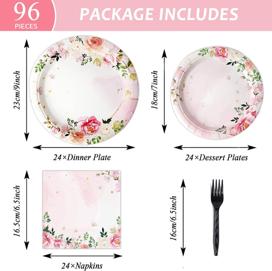 gisgfim 96 Pcs Floral Party Plates and Napkins Party Supplies Pink Spring Theme Flower Party Tableware Set Watercolor Floral Tea Party Decorations Favors for Bridal Baby Shower Serves 24