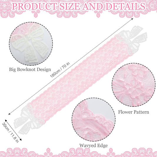 Pink Lace Table Runner with Big Bow Ends 12 x 71 Inch Vintage Rectangle Macrame Embroidered Runner French Style Tablecloth for Wedding Kitchen Dining Table Home Decor
