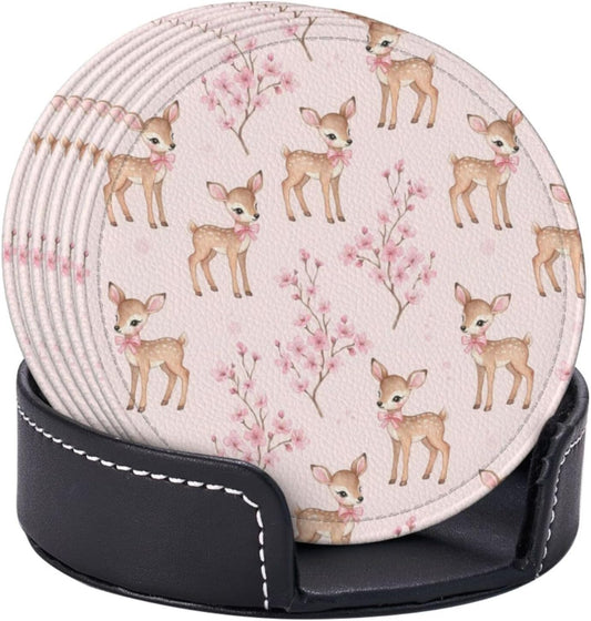 Watercolor Fawns Cherry Branch Pink Coasters for Drinks with Holder Round Leather Coasters Set of 6 Heat Resistant Cup Mat Pad for Table Protection, Home Decor, Kitchen and Housewarming Gift
