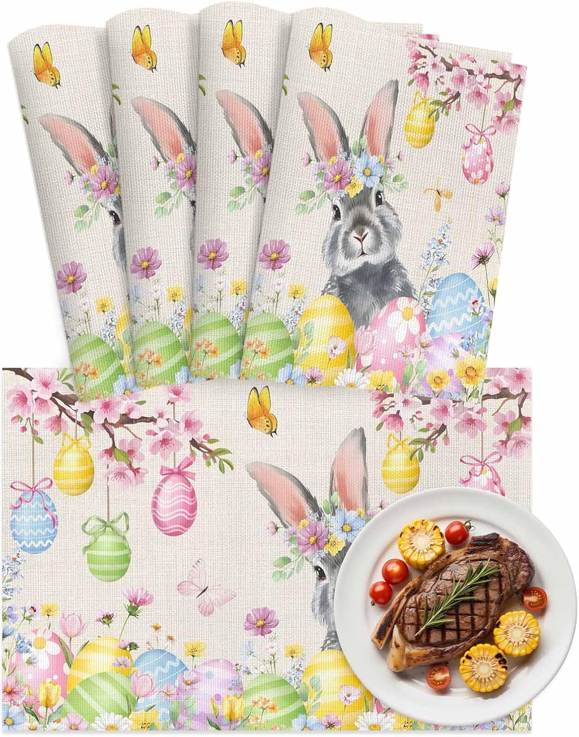 Easter Rabbits Placemats Set of 4, Washable PVC Kitchen Table Mats Place Mats, Weeping Pink Peach Eggs Vintage Beige Spring Woven Vinyl Placemat for Dining Table, 13" x 19"
