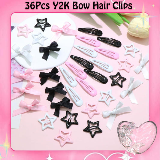 36Pcs Pink Bow Hair Clips 3 Style Y2K Star Hair Barrettes for Women Metal Snap Hair Clips Black White Mini Satin Hair Bows Non-Slip Hair Barrettes Pins Accessories for Girls