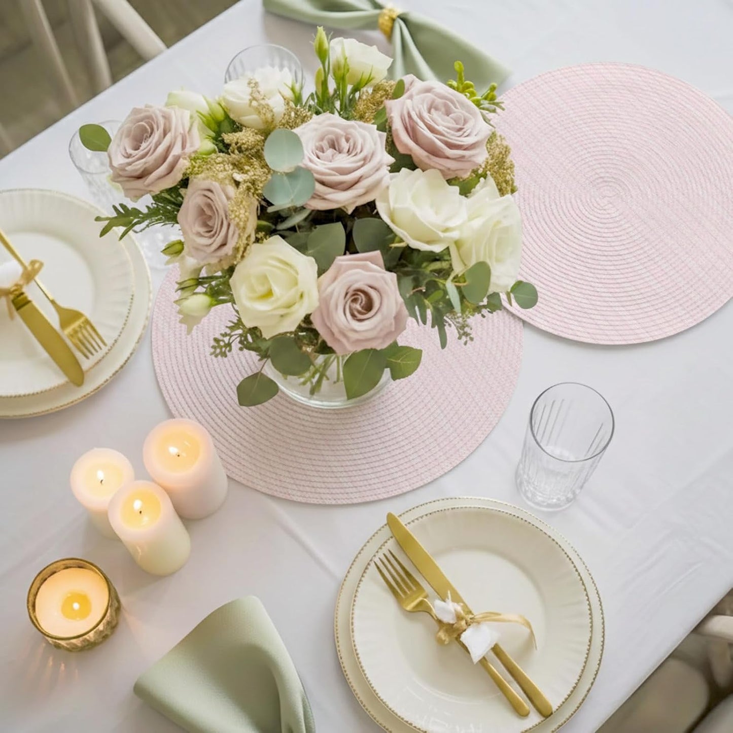 Blush Pink Line Striped Round Placemats Set of 4 Farmhouse Pink Stripes Place Mats Indoor Woven Table Mats Washable Heat-Resistance Braided Dining Table Placemats for Kitchen Holiday Decor 13 Inch