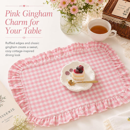 Set of 4 Gingham Placemats with Ruffle Edge, 12x18in Cotton Table Mats, Cottagecore Aesthetic Placemats for Tea Party, Brunch, Wedding & Dining Table Decor (Pink Checkered)