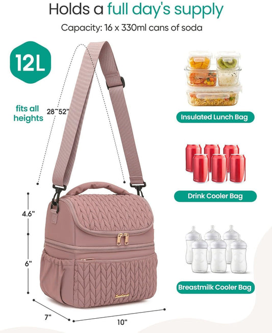 Lunch Bag Women, Double Deck Insulated Lunch Box - Large Capacity 12L with Detachable Divider for Tall Items, Leakproof, Durable & Reusable Cooler Bag For Work Picnic Travel, Quilted Pink