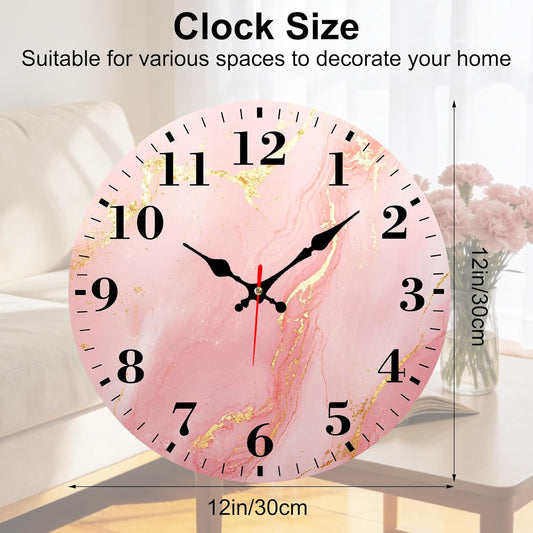 Identiy Round Wall Clock Silent Battery Operated, Pink Gold Marble 12 Inch Non-Ticking Easy to Read Display Round Analog Wall Clock Decorative for Office,Bedroom,Living Room and Kitchen