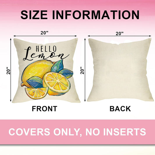 Hello Summer Lemon Decorative Throw Pillow Covers 20 x 20 Set of 4, Summer Vibes Fruit Pink Yellow Cushion Case Decor, Seasonal Home Decoration for Sofa Couch