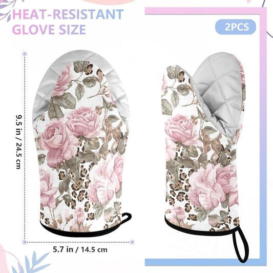 Oven Mitt 2 Pack Set Leopard Print Pink Rose Kitchen Mitts Gloves for for Cooking Baking Grilling