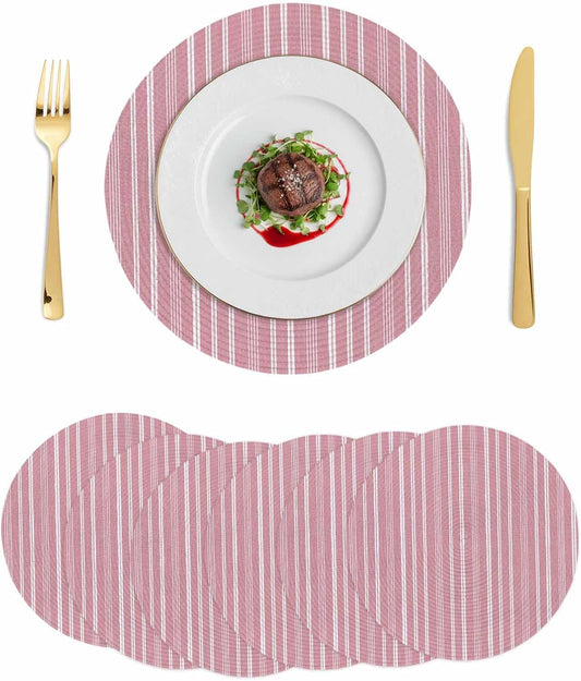 Round 13'' Placemats Set of 6, Pink Striped HeatResistant Polypropylene Placemats, Farmhouse Stripes Modern Vintage Washable Woven Braided Place Mats for Dining Table, Non Slip Kitchen Table Decor