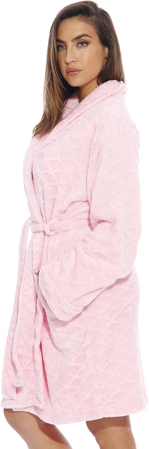 Just Love Women's Plush Fleece Bathrobe, Shawl Collar Jacquard Robe with Tie Belt