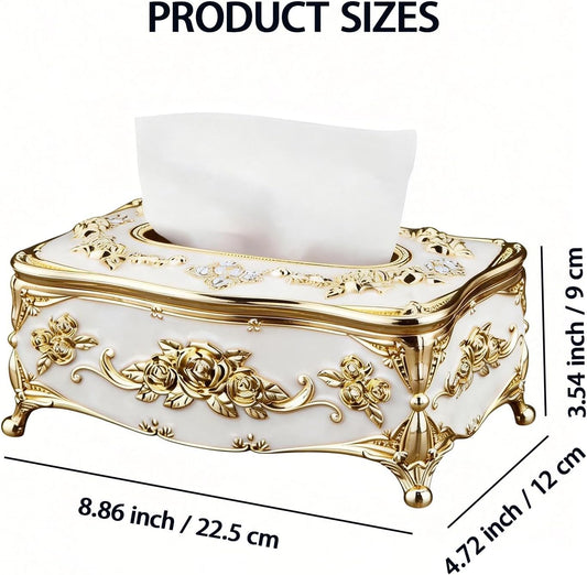 Moorfowl Vintage European Tissue Box Cover with Rose Pattern and Rhinestones Decor Elegant Rectangle Tissue Box Holder for Bathroom Vanity Countertop, Bedroom Dresser, Nightstand (Gold Pink)