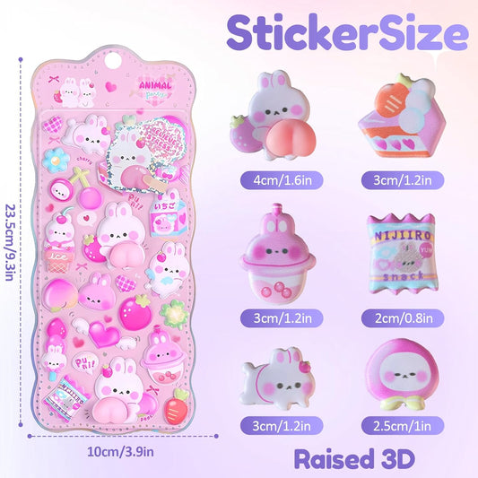 Kawaii Puffy Sticker Set, 3D Bubble Animal Foam Sheets for Kids Girls, Squishy Bear Bunny Peach Designs for Phone Case Laptop Notebook Scrapbook DIY, Cute Pastel Gift Pack, 2 Sheets (Blue & Pink)