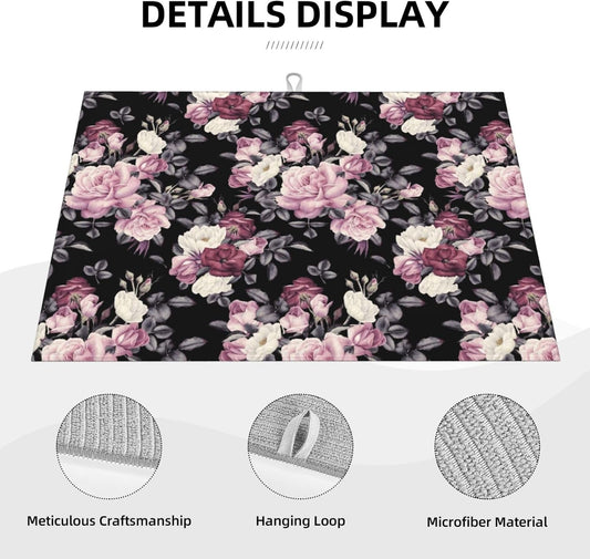 Vintage Floral Dish Drying Mat Watercolor Pink Rose Peony Flower Blossom Black Drying Rack Pad Countertop Dishes Ultra Absorbent Microfiber Kitchen Counter Mat 18x24 Inch