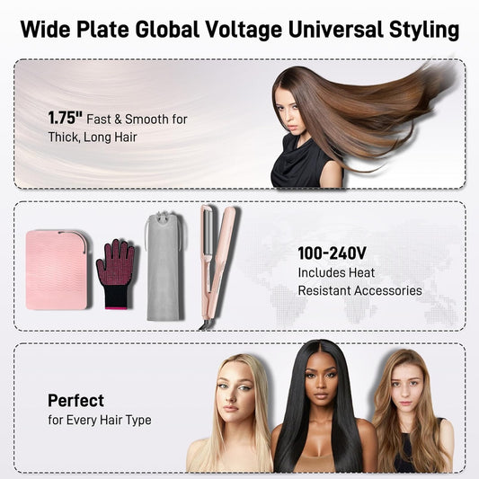 HITTIONA 1.75” Wide Ceramic Hair Straightener-ProfessionalIn frared Flat Iron for Fast Styling,5s Instant Heat Up for Thick&Long Hair, Anti-Frizz Ionic Tool,Worldwide Dual Voltage&Travel Ready(Pink)