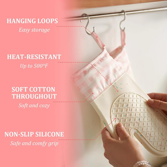 Wanheart Silicone Oven Mitts Heat Resistant, Non Slip Baking Mittens with Cotton Lining, Cute Confetti Pink Kitchen Decor for Cooking, 2-Pack