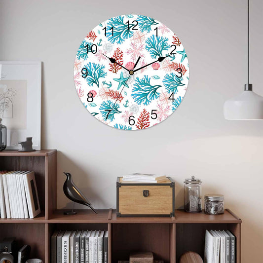 Wall Clock Ocean Coral Shell Clocks PVC Silent Non-Ticking Battery Operated Decorative Turquoise Pink Starfish Anchor Round Clock for Home Living Room Kitchen Bedroom Office School Wall Decor 10 Inch