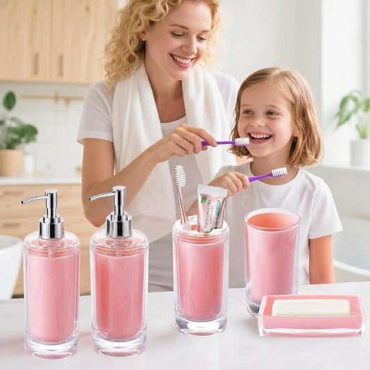 Pink Bathroom Accessories Set 6 Pieces Acrylic, Include Soap Dispenser, Toothbrush Holder, Tumbler, Soap Dish, Lables, Bathroom Countertop Set, Cute Bathroom Sink Decor