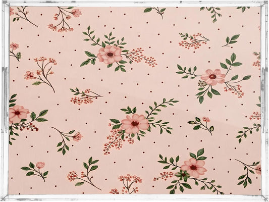 Elegant Flowers Pink Serving Tray 12" x 16" Acrylic Trays with Handles Decorative Serving Platter for Coffee, Breakfast in Bed, Dinner, Appetizers, Patio, Party