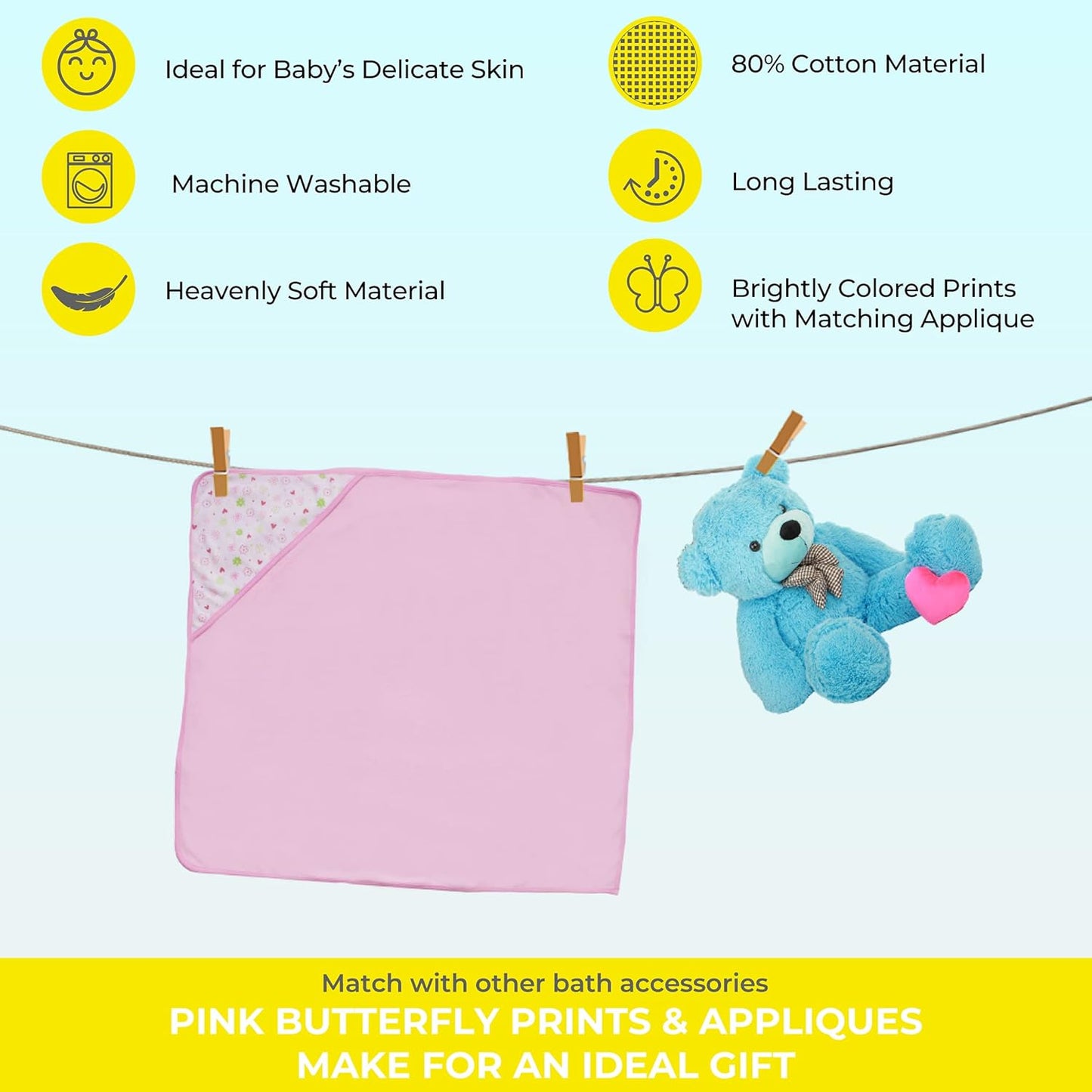Spasilk Bath Hooded Towels & Washcloths Set for Babies, 2 Hooded Terry Bath Towels & 2 Washcloths, Pink Butterfly