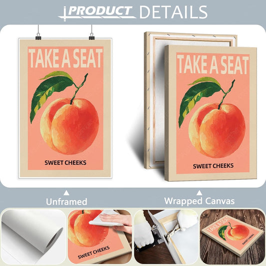 Take A Seat Sweet Cheeks Poster Funny Bathroom Wall Art Vintage Cute Pink Peach Fruit Canvas Print Funky Home Dorm Room Bathrooms Decor Picture 12X18 in Unframed-Canvas Rolled Up