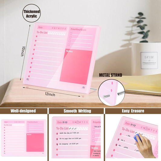 Desktop Thickened Acrylic Dry Erase Board to do List Planner Board,12"x10",Tabletop Whiteboard with Stand,Frameless Pink Dry Erase White Board,for Office/Home/School