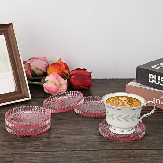 Modern Clear Glass Coaster Set of 8- Coffee Table Coasters, Crystal Coaster Round Cup Mats, Coasters for Office, Kitchen, Bar, Dining Room, Living Room, Patio(Clear Pink)