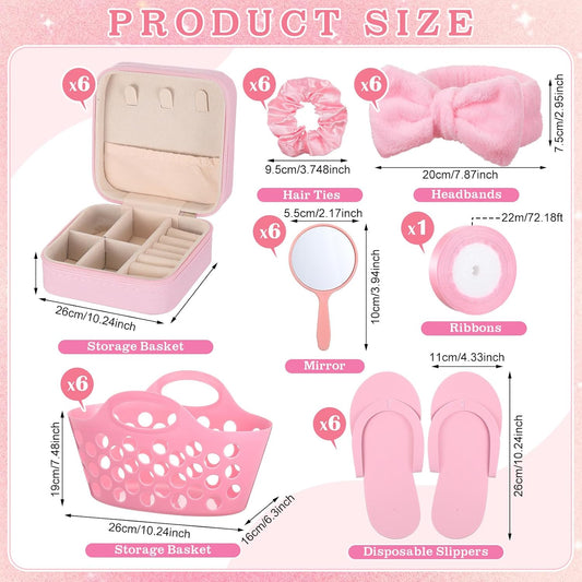 SiliFine 36 Pcs/ 6 Set Spa Sleepover Pink Party Favors Supplies for Girls Kit, Includes Storage Basket, Disposable Slipper, Mirror, Hair Tie, Headband, Jewelry Box, Ribbon for Birthday Graduation Gift