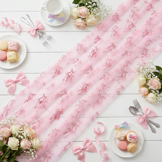 4 Pcs Pink Bow Table Runners 29 x 70 Inch Pink Tulle Lace Table Runner Coquette Bow Tablecover for Wedding Birthday Baby Shower Valentine's Home Decor