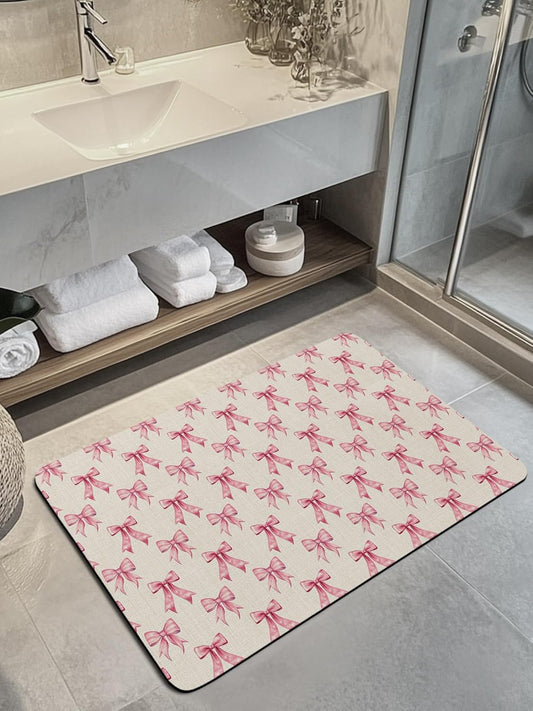 Vintage Pink Bow Bath Stone Mat, Super Absorbent Diatomite Shower Mat, Beige Retro Art Aesthetic Quick Drying Non-Slip Stone Mats for Bathroom Kitchen Counter Easy to Clean 24"x36"