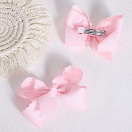 Pink Grosgrain Ribbon Hair Bow with Scalloped Edges for Girls,4" Handmade Everyday Dressy Hair Bow Clips Valentines Wedding Birthday Dress Accessories Gift for Toddlers Teens Women