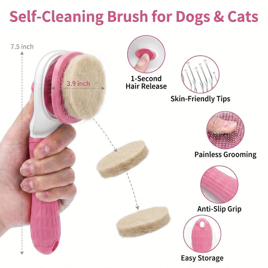 5PCS Dog Brush Grooming Kit with Self Cleaning Slicker Brush, Pink, | Deshedding Brush Kit for Dogs & Cats, Ideal for Short Long Hair, Daily Detangling & Home Bath Massage (5-in-1 Set)