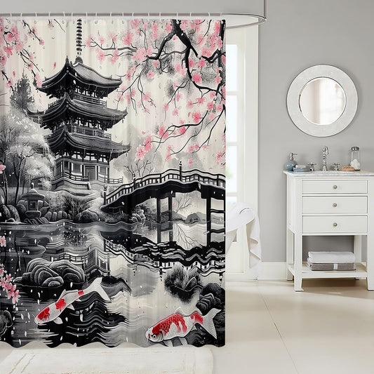 jejeloiu Japanese Style Shower Curtain Cherry Blossoms Bath Curtain for Kids Koi Fish Bathroom Waterproof Accessories with 12 Hooks Grey Pink Waterproof Polyester,72x78 Inches