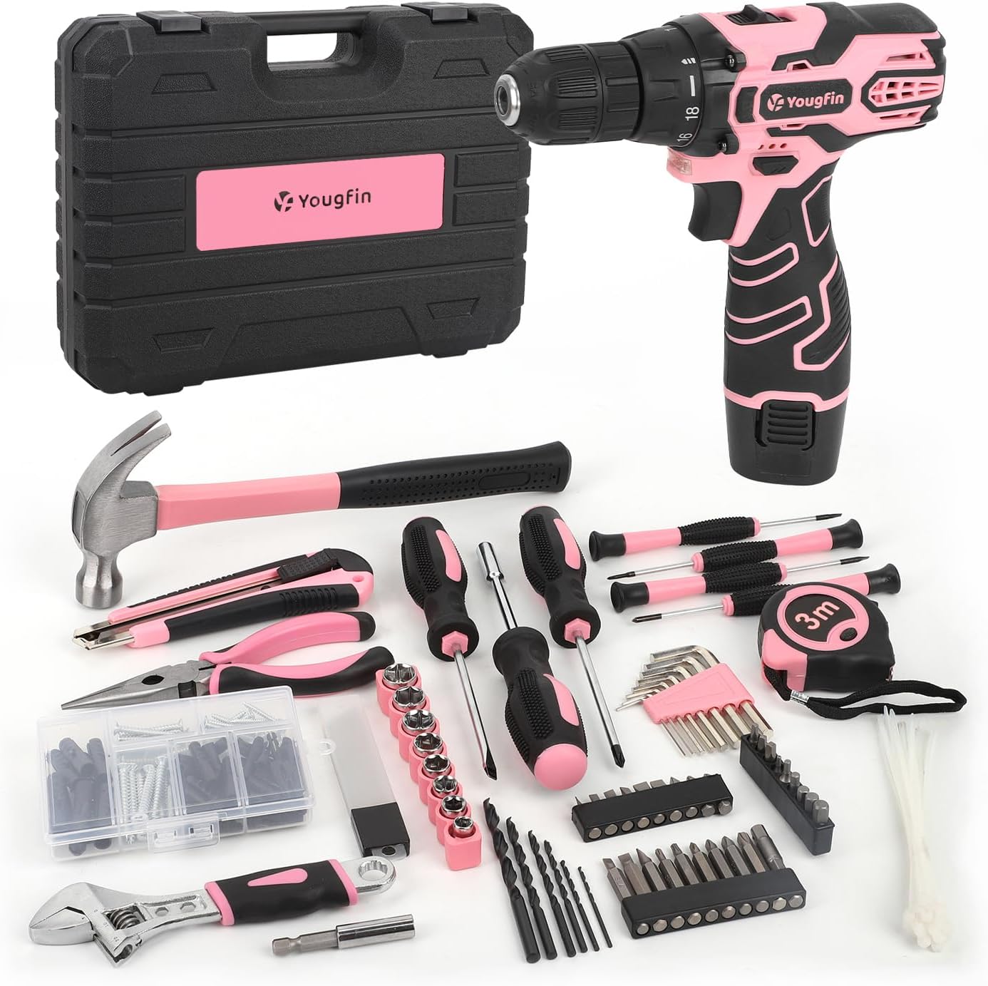 12V Pink Cordless Drill Set 195PCS Hand Tool Combo Kit Small Compact Electric Screwdriver Set Portable Power for Home DIY&Repair Driver Machine with Battery & Charger Gift Box for Women