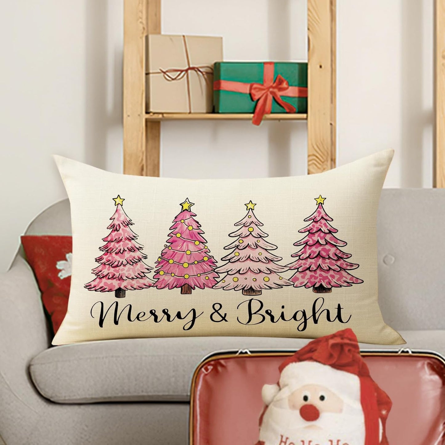 Pink Christmas Tree Decorative Throw Pillow Cover 12 x 20, Rectangular Xmas Pine Trees Outdoor Home Decor, Merry and Bright Winter Holiday Sofa Couch Cushion Case