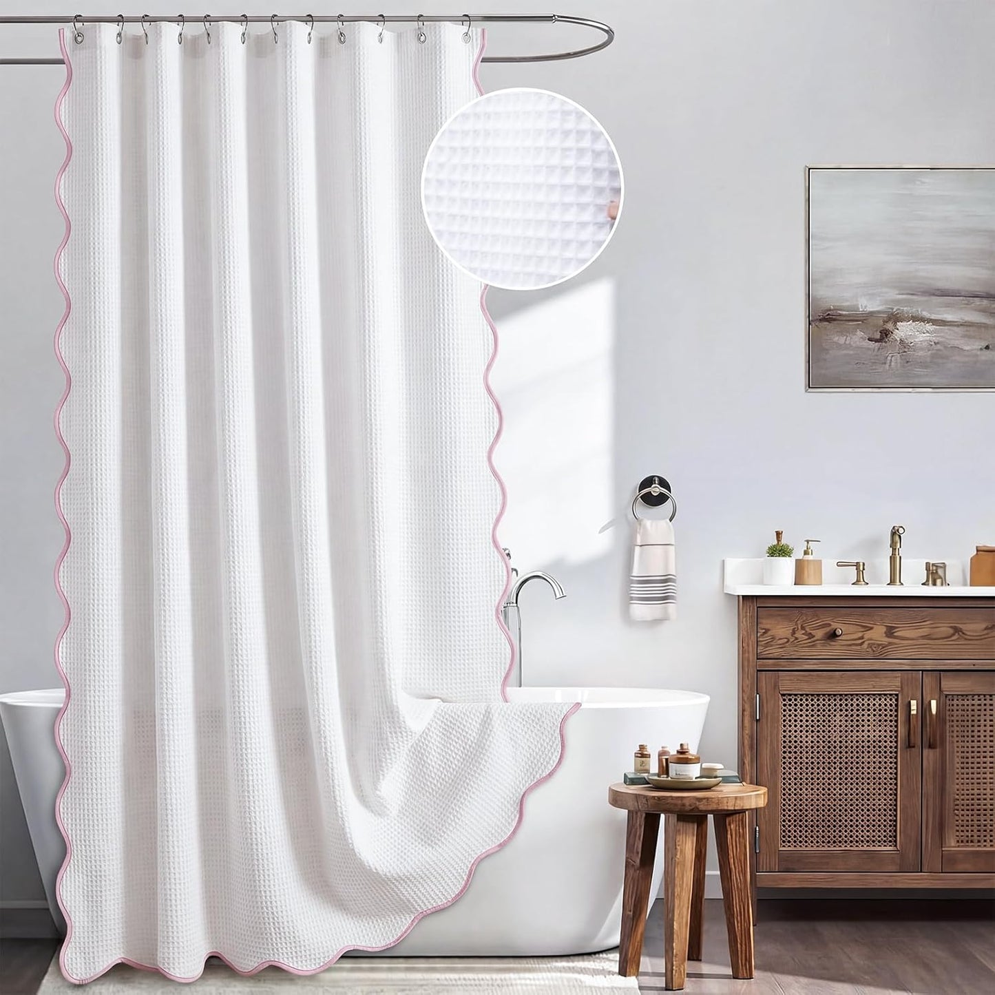 Scalloped Waffle Shower Curtain with 12 Metal Hooks Thick Weighted Fabric Wrinkle and Rust Resistant Heavy Duty Long Curtains for Bathroom Showers Bath Tubs Machine Wash, 72x72 in (Pink)