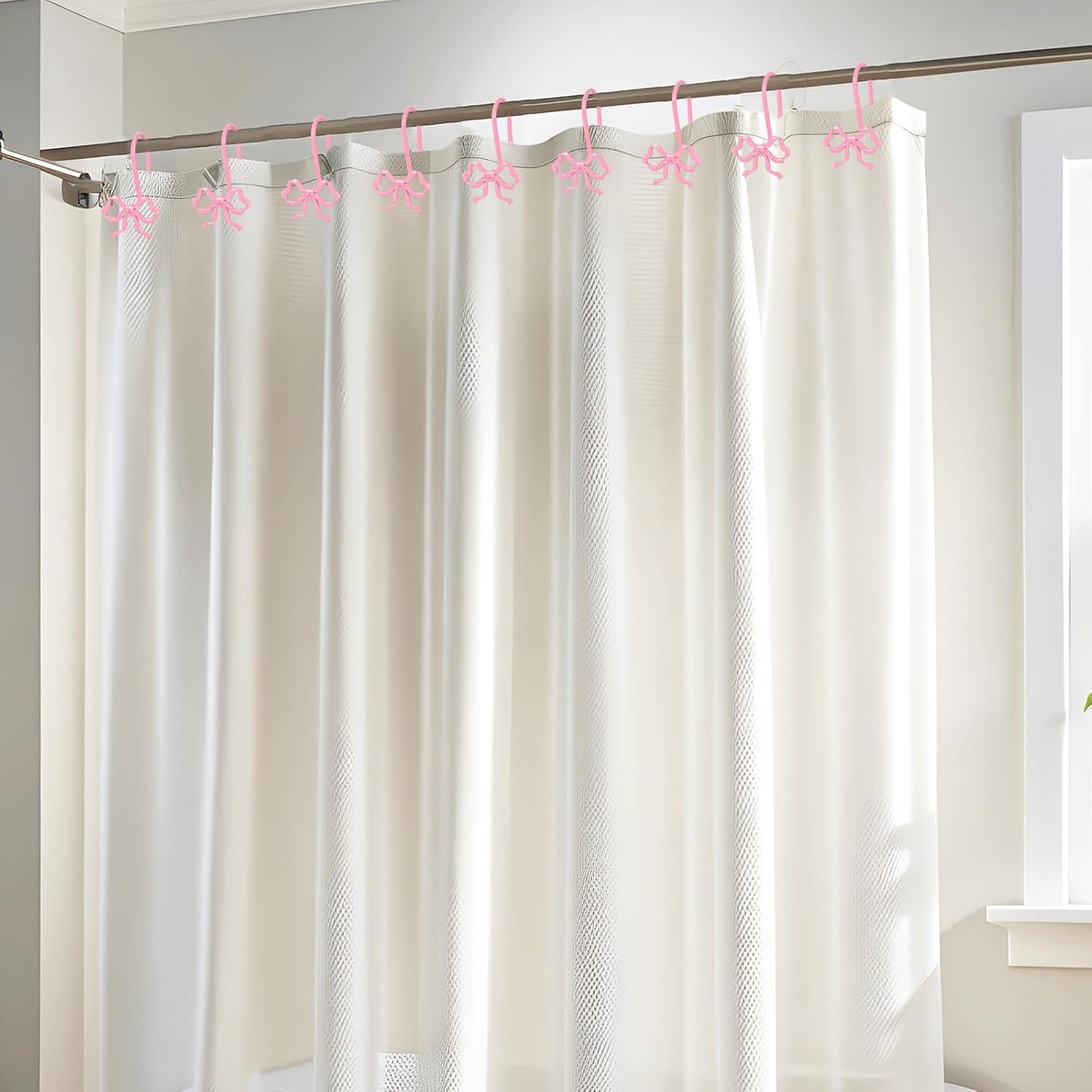 Whaline 12Pcs Pink Bow Shower Curtain Hooks Shower Rings Bow Knot Metal Curtain Hanger Hooks for Home Nursery Living Room Bedroom Bathroom Decor