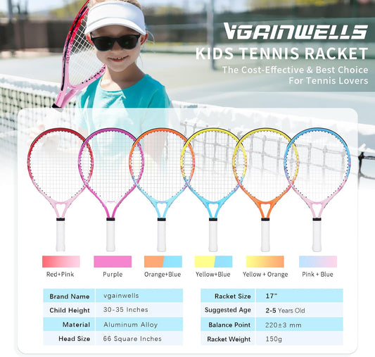 17"-23" Kids Tennis Racket for Aged 2-9, Lightweight and Durable, Including 1 Toddler Tennis Racket and 1 Replacement Grip Tapes