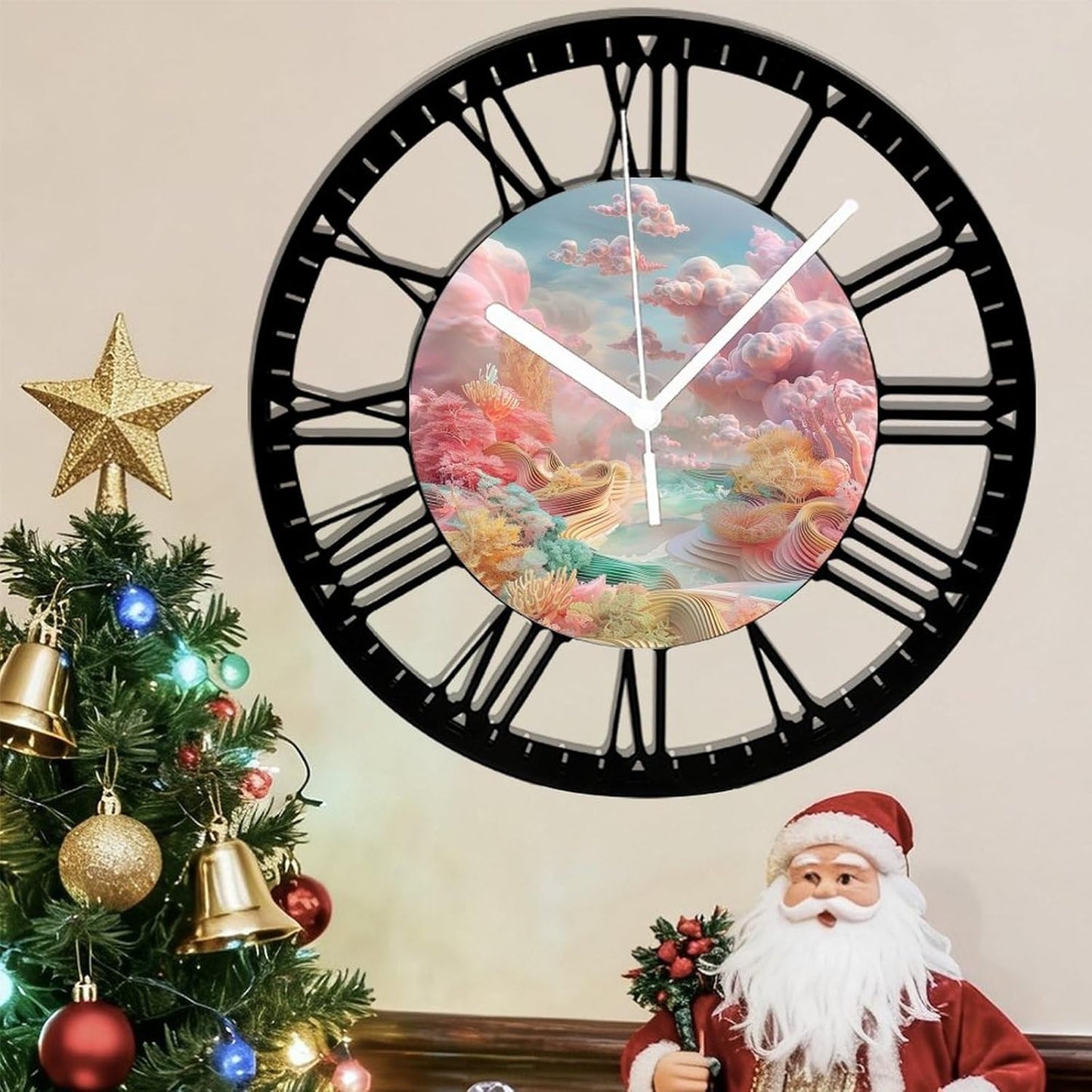 Metal Wall Clock for Living Room -10" Pastel Coral Landscape Pink Clouds Silent Non Ticking,Battery Operated, Antique Clocks for Farmhouse,Bedroom,Kitchen - Rome Numerals