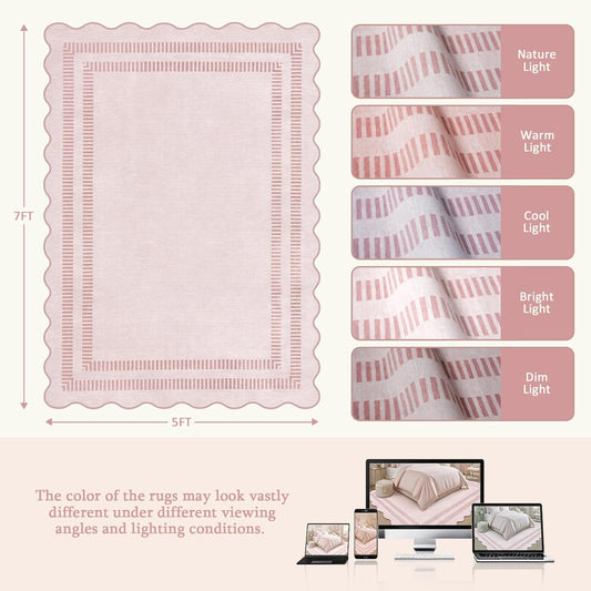 Pink Rugs for Bedroom Girls, 5x7 Washable Non Slip Area Rugs for Living Room, Soft Vintage Ultra-Thin Scalloped Carpet for Nursery Dorm Home Decor