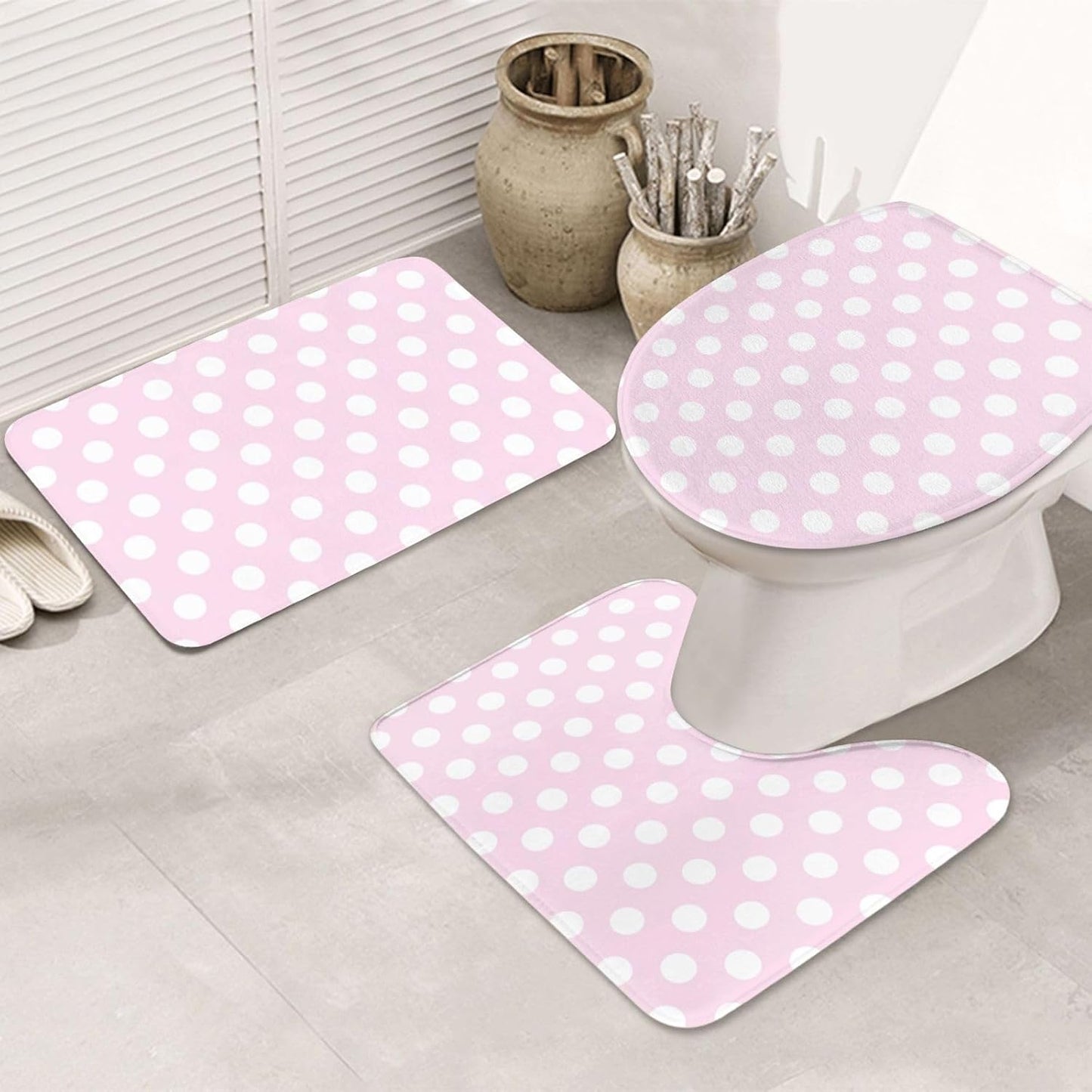 Light Pink Polka Dot Print A Bathroom Rugs Sets 3 Piece - Absorbent Non Slip Washable Bath Mats, U-Shape Toilet Lid Cover, Contour Mat, Soft Shower Mats Bath Rug Mat for Bathroom Toilet Tub