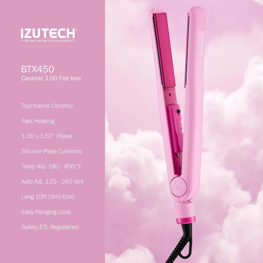 IZUTECH BTX450 1 Inch Tourmaline Ceramic Flat Iron Hair Straightener, Professional Salon Negative Ion Straightener with Adjustable Temperature for All Hair Types, Anti-Frizz High Shine, Pink
