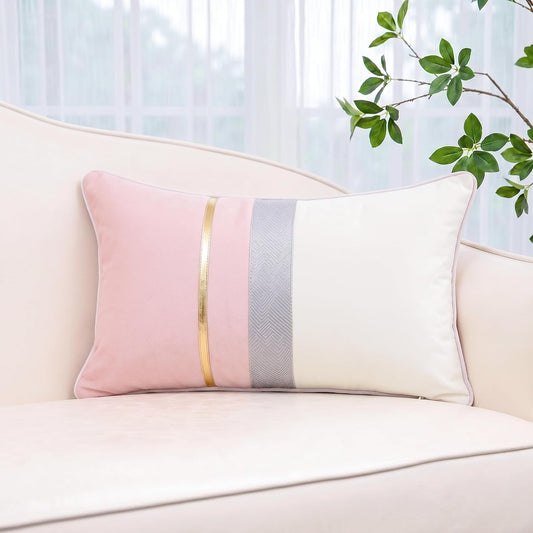 PANOD Patchwork Pink Silk-Like Velvet Throw Pillow Cover with Gold Striped Leather Cushion Case Modern Luxury Lumbar Pillowcase for Sofa Couch Bedroom Living Room Home,12x20 inch