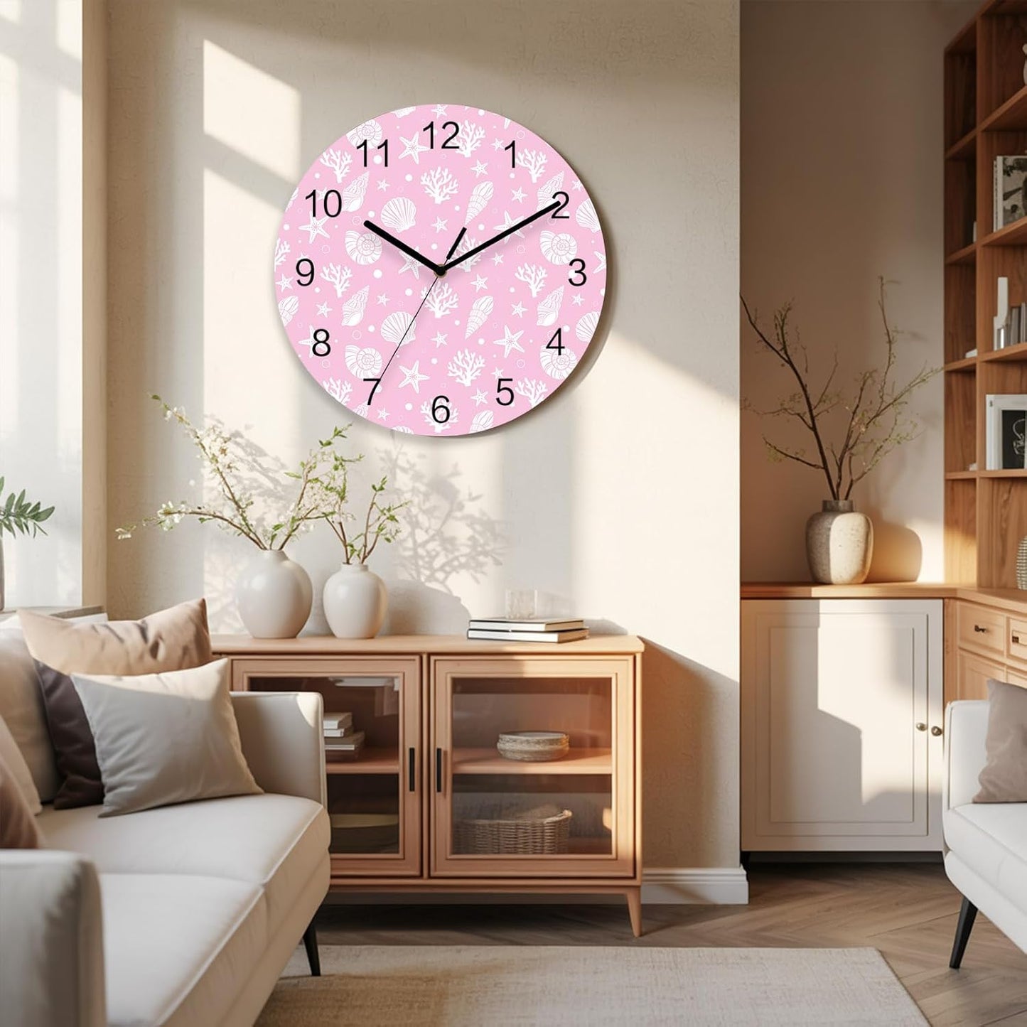 Marine Life Wall Clock Battery Operated Non-Ticking 12" Round Wood Clocks, Ocean Coral Shell Starfish Pink Kitchen Wall Clock for School Bathroom Living Room Home Office Wall Decor