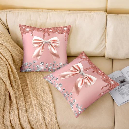 Grey Bowknot Throw Pillow Covers,Starry Sky Sequins Bow Sparkling Diamond Square Pillow Cases 16"*16"*2,Pink Bow Knot Decorative Pillowcases,Dreamy Princess Tie Cushion Covers Light Pink Room