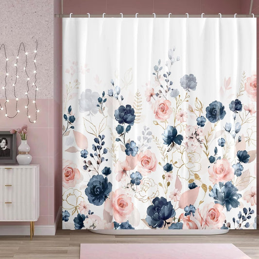 Navy Blue and Pink Floral Shower Curtain, Waterproof Fabric Watercolor Flowers Bathroom Shower Curtain with 12 Hooks, 72 x 72 Inch